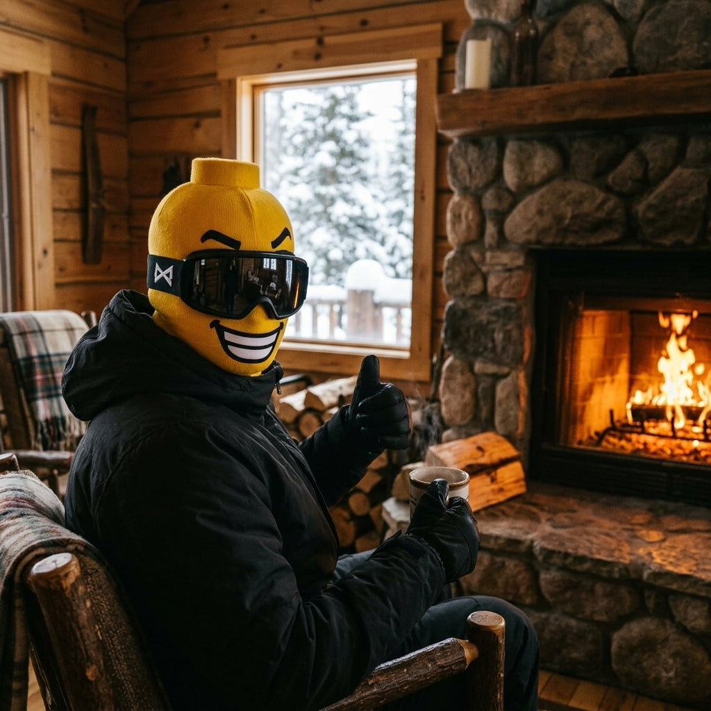 Big Grin by the cabin fireplace